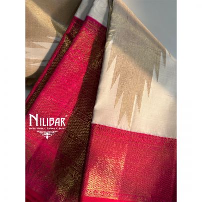 Cream & Bright Pink Banarasi Weave Silk Saree