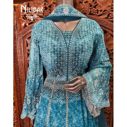 Blue Crepe Printed Anarkali Suit