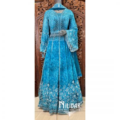 Blue Crepe Printed Anarkali Suit