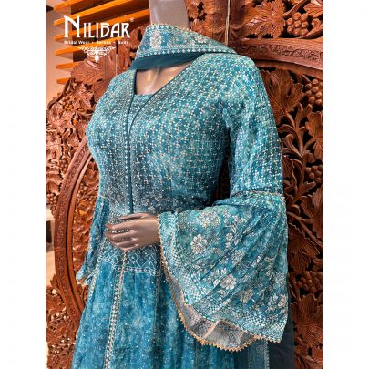 Blue Crepe Printed Anarkali Suit