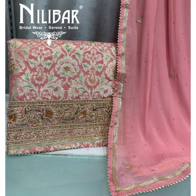 Peach Brocade Silk Unstitched Suit