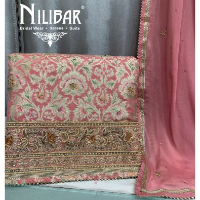 Peach Brocade Silk Unstitched Suit