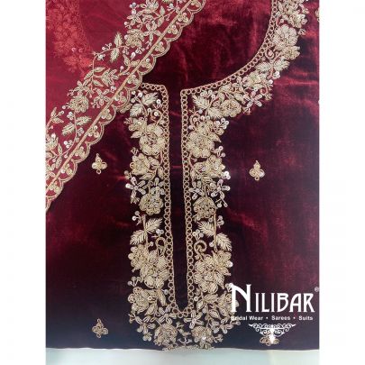 Mehroon Velvet Organza Unstitched Suit