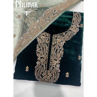 Bottle Green Velvet Organza Unstitched Suit