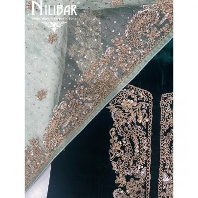 Bottle Green Velvet Organza Unstitched Suit