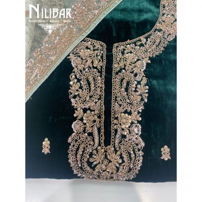Bottle Green Velvet Organza Unstitched Suit
