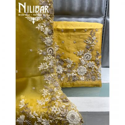 Yellow Organza Sequin Unstitched Suit