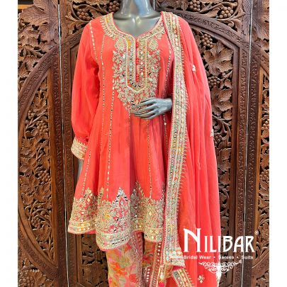 Peach Chinon Dhoti Suit Set