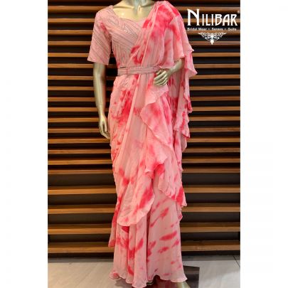 Baby Pink Chinon Chiffon Draped Saree