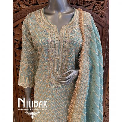 Sky Blue Lame Silk Flared Palazzo Suit