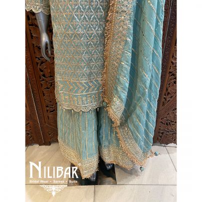 Sky Blue Lame Silk Flared Palazzo Suit