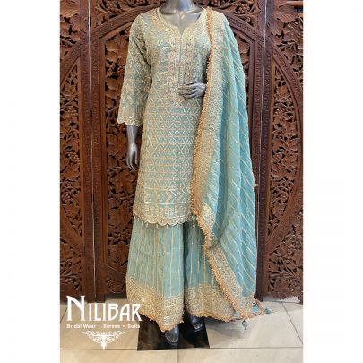 Sky Blue Lame Silk Flared Palazzo Suit
