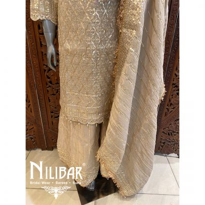 Almond Beige Lame Silk Flared Palazzo Suit