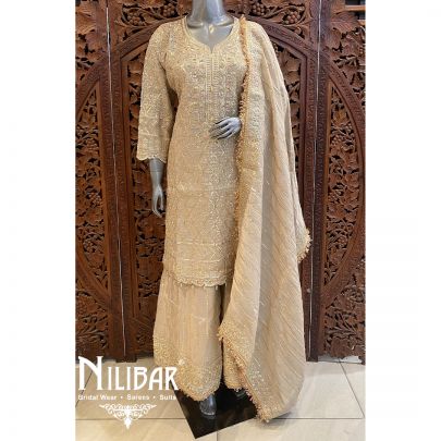 Almond Beige Lame Silk Flared Palazzo Suit