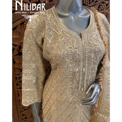Almond Beige Lame Silk Flared Palazzo Suit