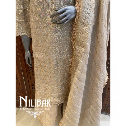 Almond Beige Lame Silk Flared Palazzo Suit