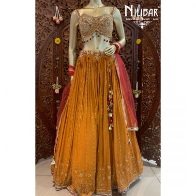 Mustard Red Georgette Lehenga