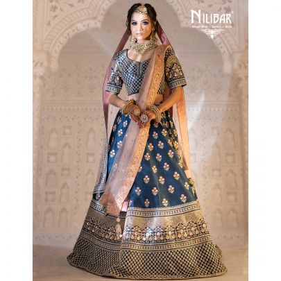 Navy Blue and Pink Silk Lehenga