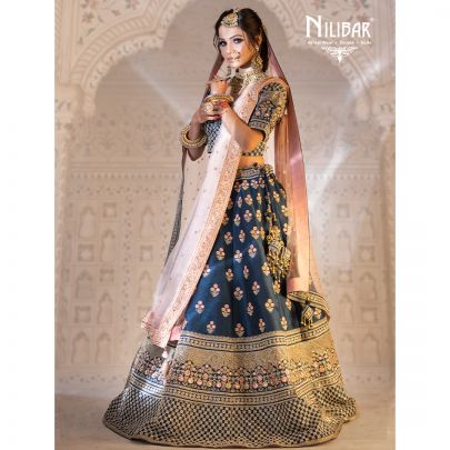 Navy Blue and Pink Silk Lehenga