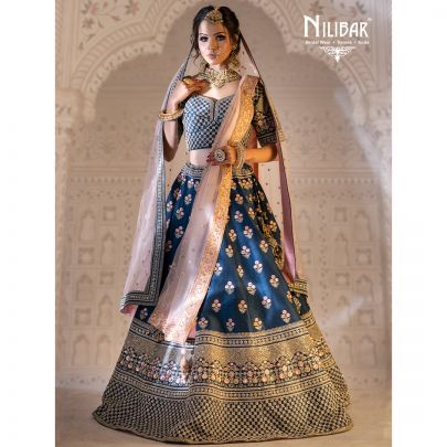 Navy Blue and Pink Silk Lehenga