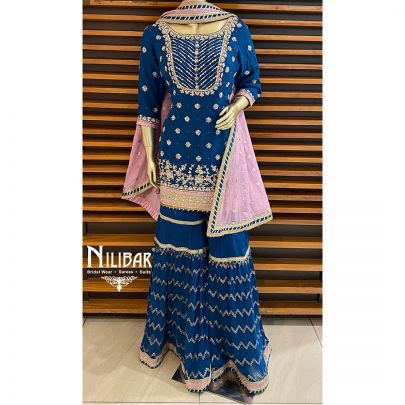 Azure Blue Georgette and Chinon Sharara Suit