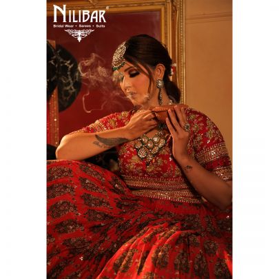 mehroon Silk and Chinon Bridal  Lehenga