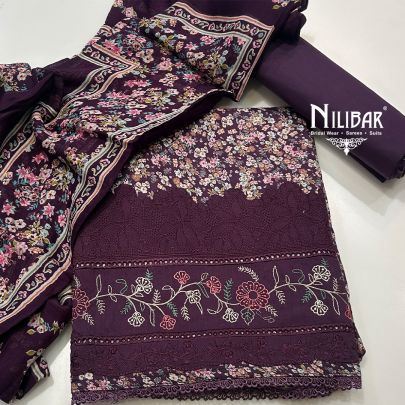 Wine Cotton Printed Unstitched Suit