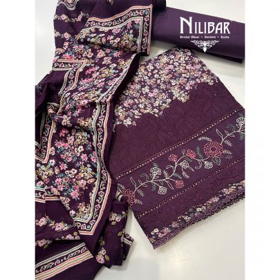 Wine Cotton Printed Unstitched Suit