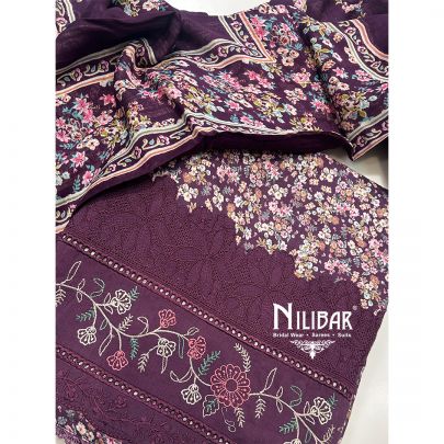 Wine Cotton Printed Unstitched Suit