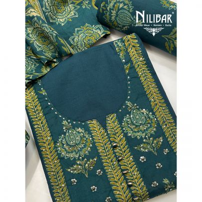 Peacock Green Cotton Printed Unstitched Suit