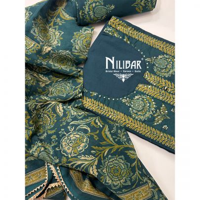 Peacock Green Cotton Printed Unstitched Suit