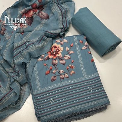 Light Blue Cotton Printed Unstitched Suit