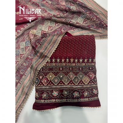 Red Crepe Embroidered Unstitched Suit