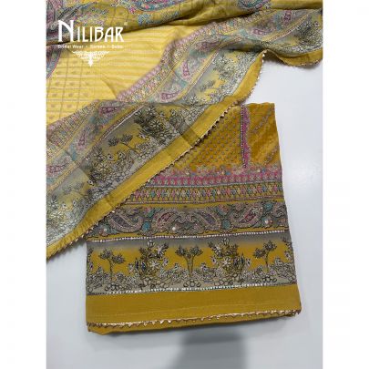 Yellow Crepe Embroidered Unstitched Suit