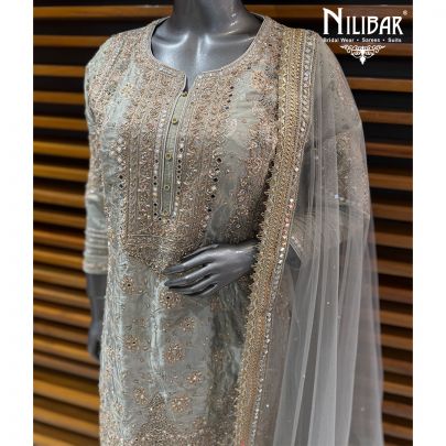 Grey Silk Mid Length Shirt Paired With Palazzo