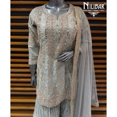 Grey Silk Mid Length Shirt Paired With Palazzo