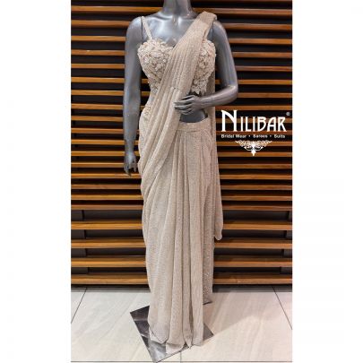 Ivory Soft Net Embroidered Blouse Paired With Pleated Drape Saree