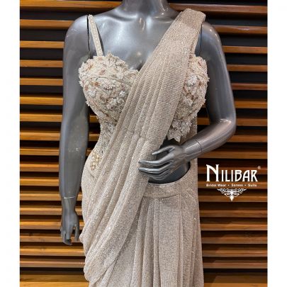 Ivory Soft Net Embroidered Blouse Paired With Pleated Drape Saree