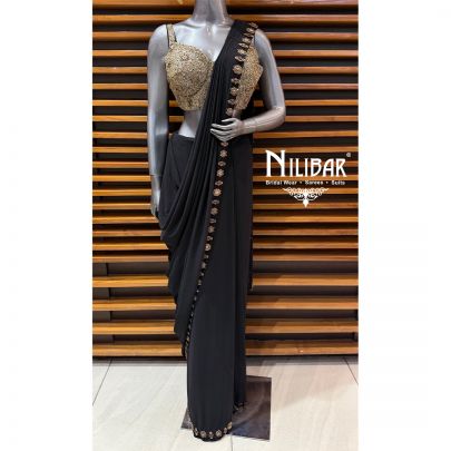 Black & Gold Heavy Embroidered Blouse Paired With Georgette Pleated Drape Saree