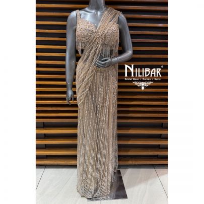 Beige Gold Heavy Embroidered Net Blouse Paired With Pleated Drape Saree