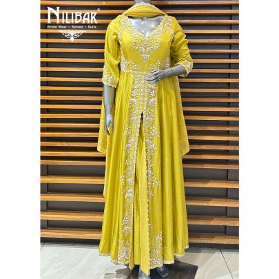 Apple Green Silk Centre Cut Anarkali Suit