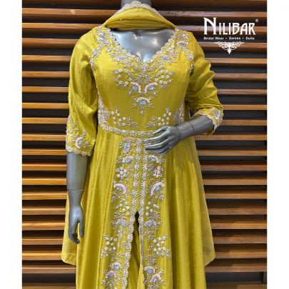 Apple Green Silk Centre Cut Anarkali Suit