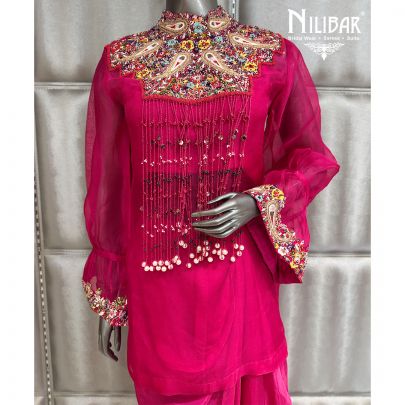 Hot Pink Organza Crop Top Paired With Crepe Pleated Skirt