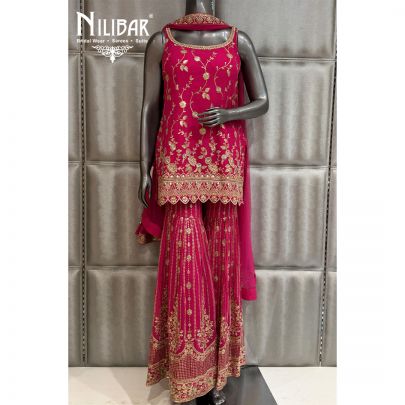 Hot Pink Georgette Short Top Paired With Garara & Dupatta