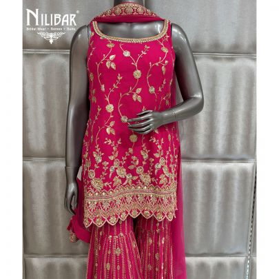 Hot Pink Georgette Short Top Paired With Garara & Dupatta