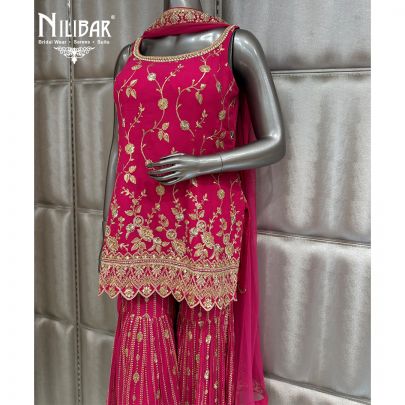 Hot Pink Georgette Short Top Paired With Garara & Dupatta