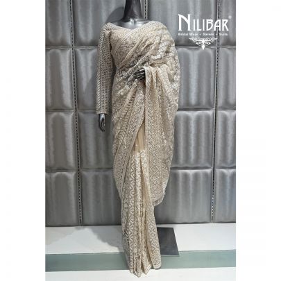 Cream Net Embroidered Saree