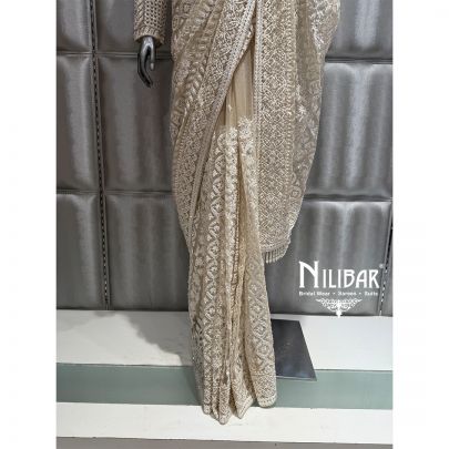 Cream Net Embroidered Saree