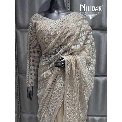 Cream Net Embroidered Saree