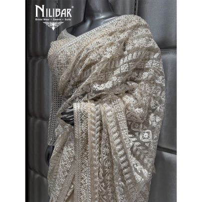 Cream Net Embroidered Saree
